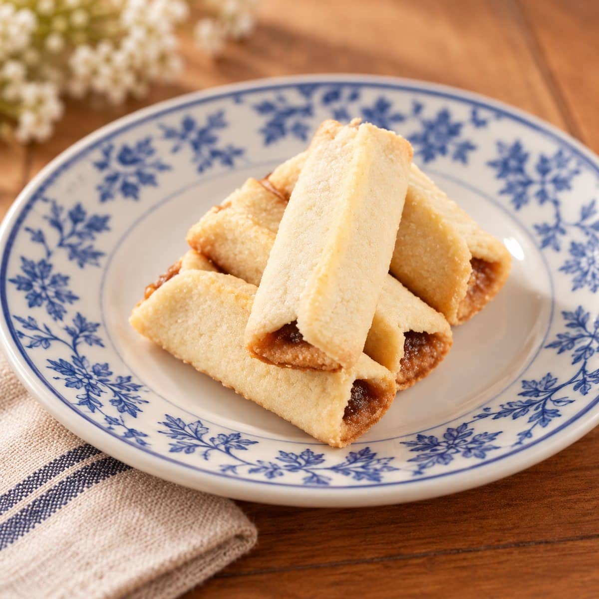 Biscoitos amanteigados recheados sobre prato de porcelana azul e branca, com guardanapo de linho e flores brancas
