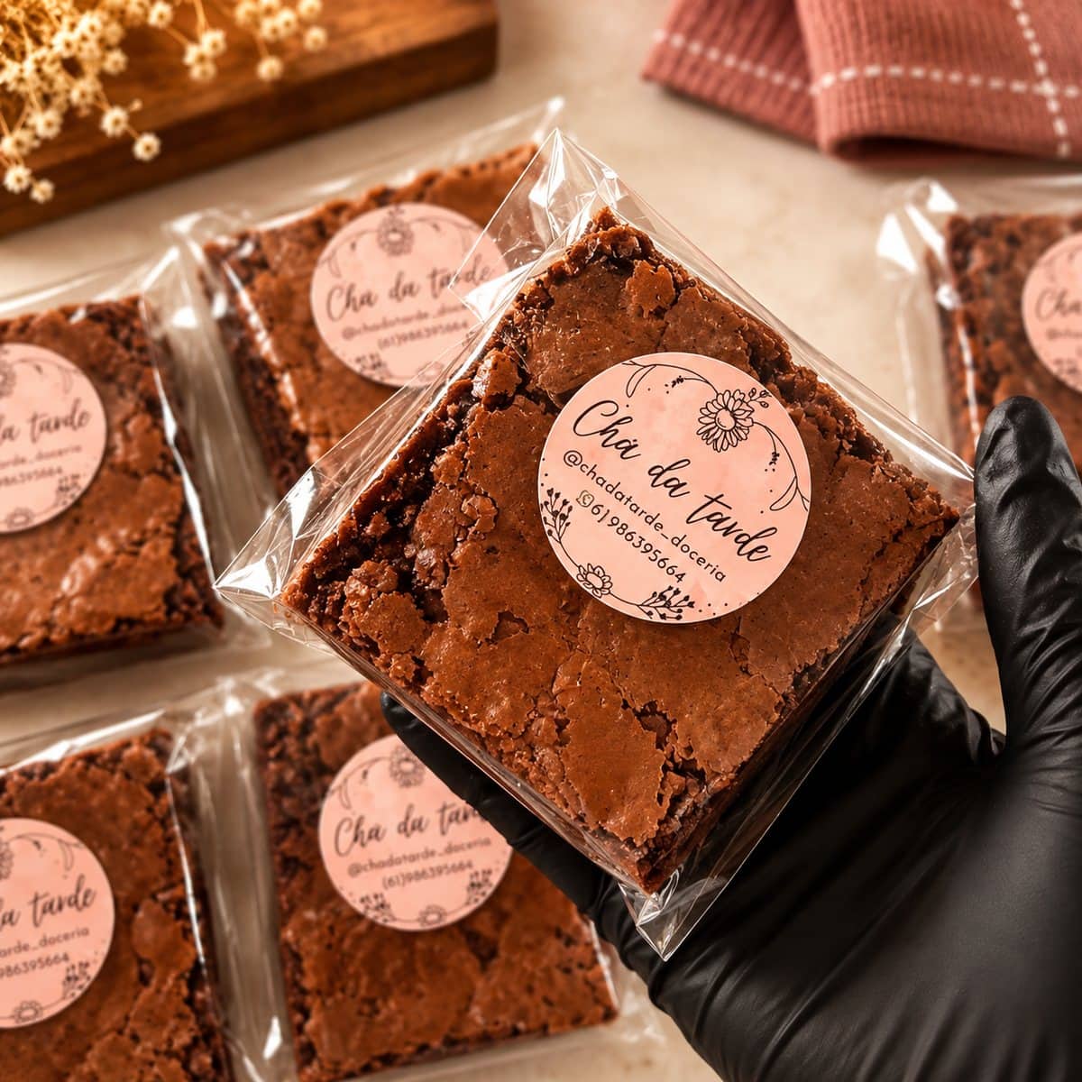 Brownies embalados individualmente, cada um com o selo da Chá da Tarde