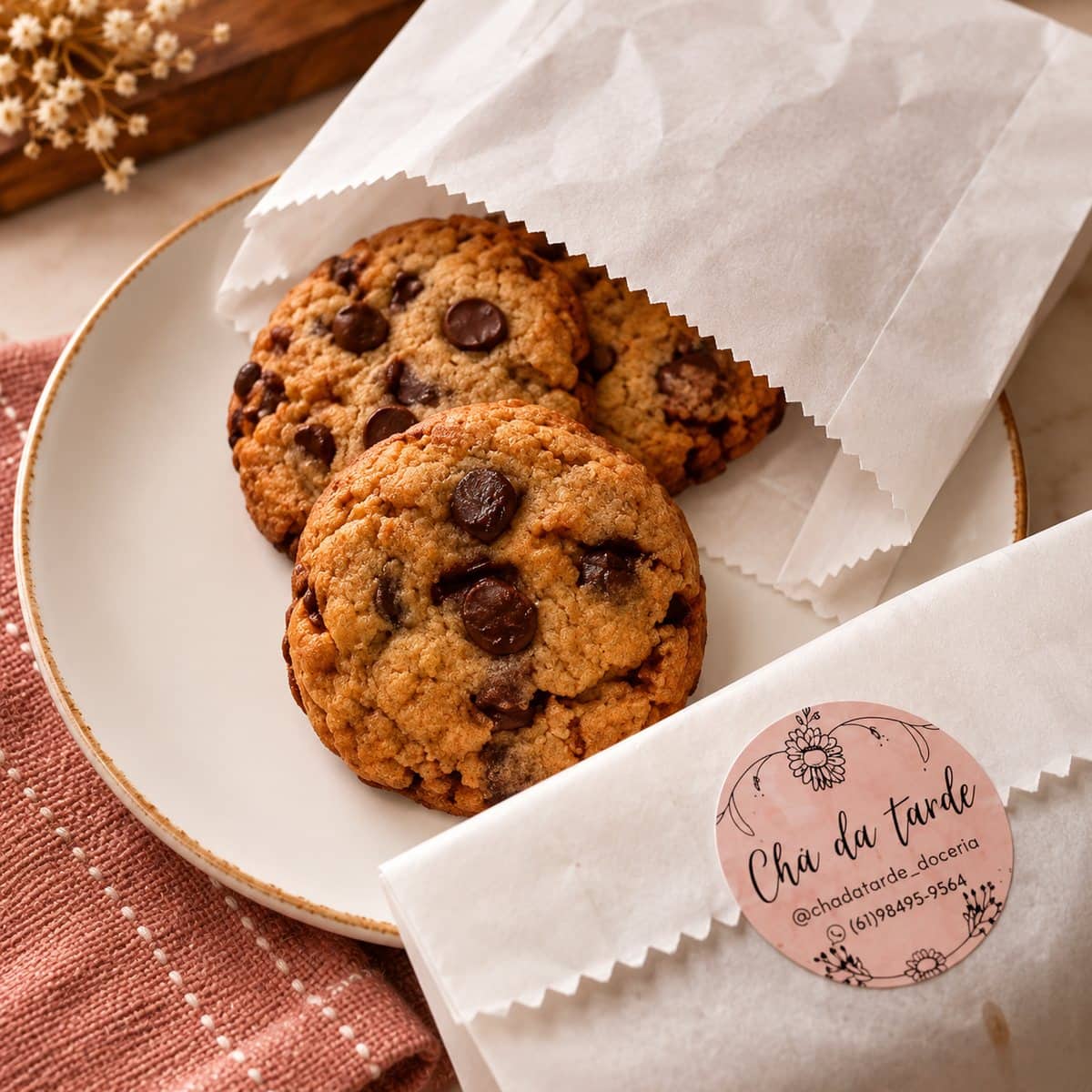 Cookies com gotas de chocolate sobre prato claro, ao lado de saco kraft com o selo da Chá da Tarde e flores brancas